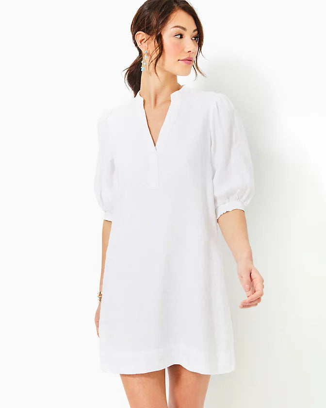 Mialeigh Elbow Sleeve Linen Dress (Resort White)
