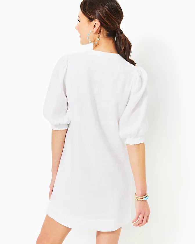 Mialeigh Elbow Sleeve Linen Dress (Resort White)
