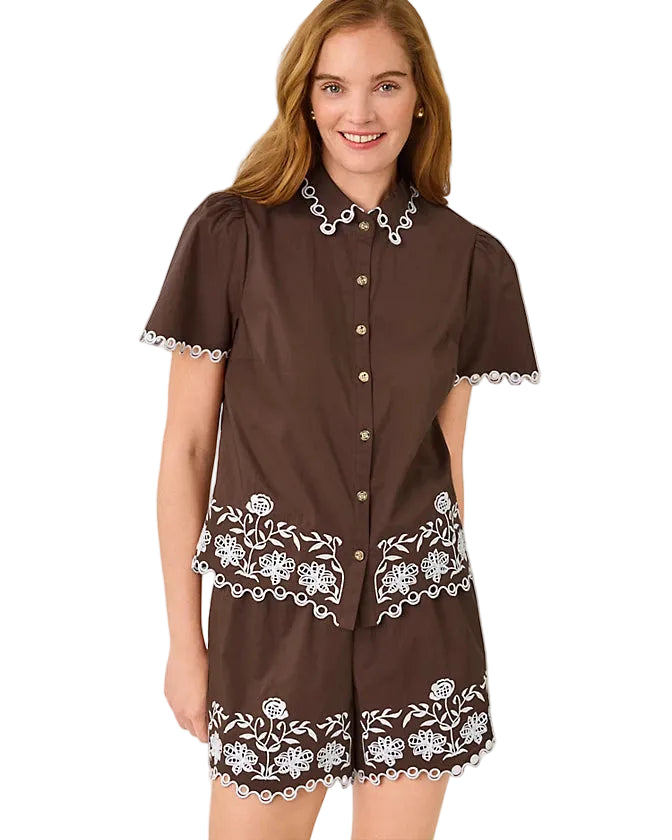 Rikki Short Sleeve Top (Coco Beach Embroidered Poplin)