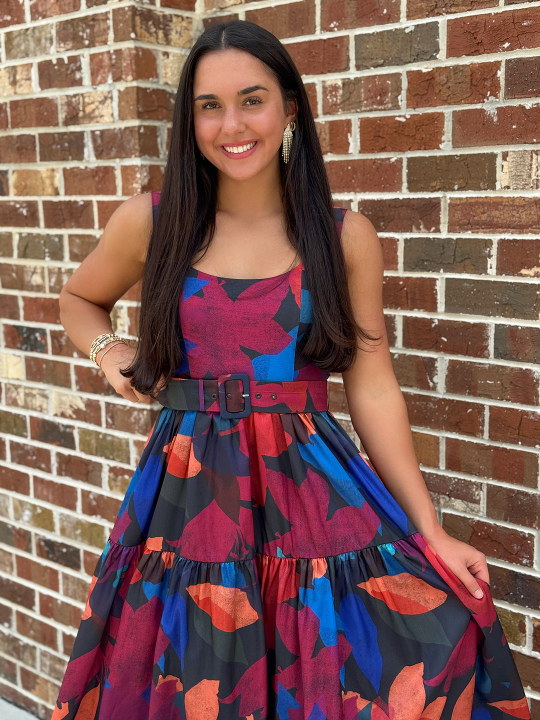 Belted Maxi Dress (Navy Multi Breeze Blooms)