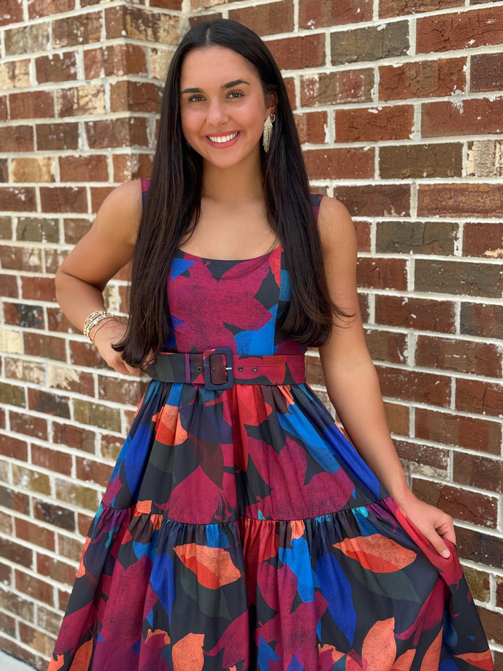 Belted Maxi Dress (Navy Multi Breeze Blooms)