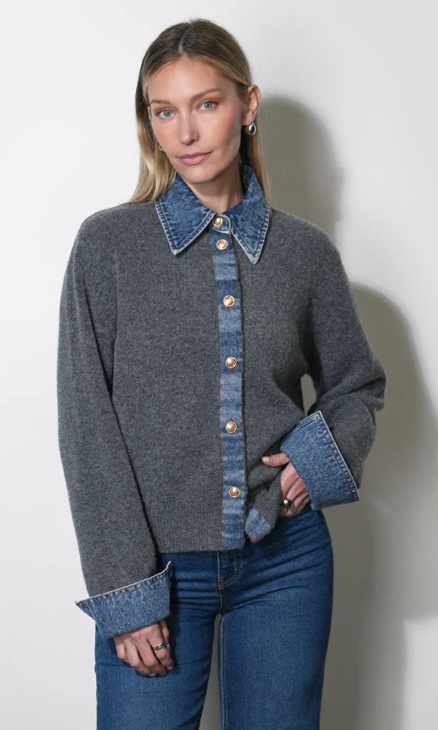 Romi Mixed Media Button Down Sweater (Grey)