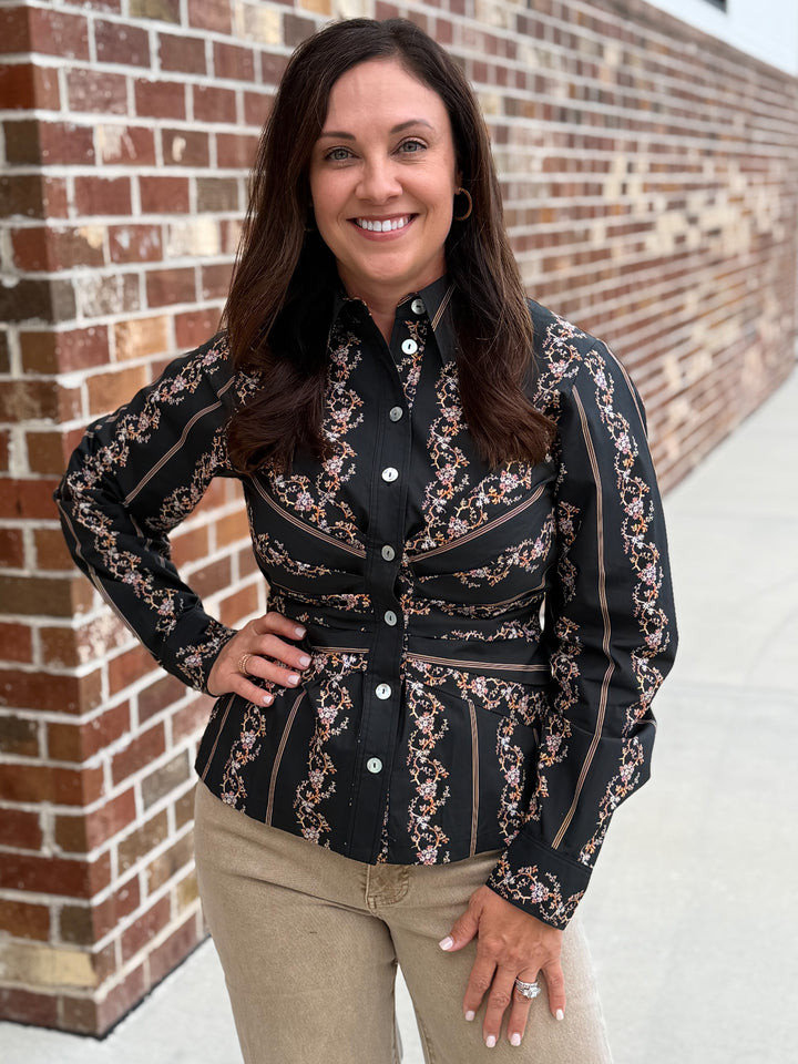 Soft Corset Shirt (Ebony Striped Floral)