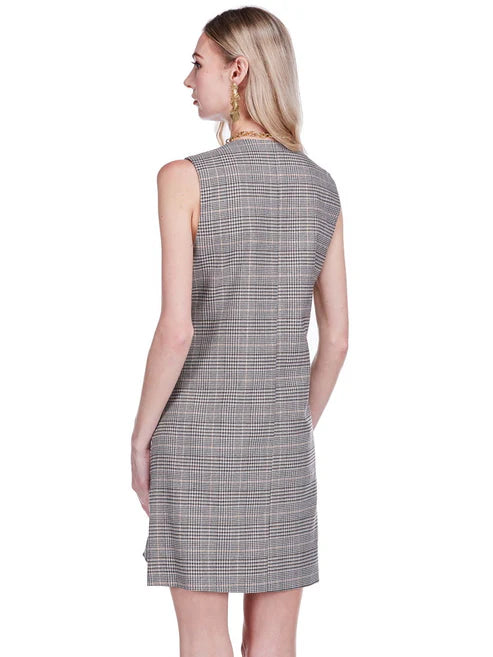 V-neck Buttons Fitted Dress  (Plaid)