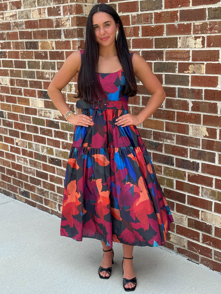 Belted Maxi Dress (Navy Multi Breeze Blooms)