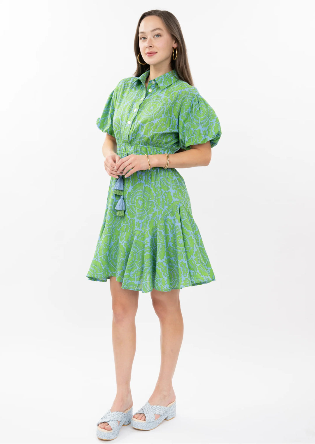 Flounced Hem Shirt Dress (Green)