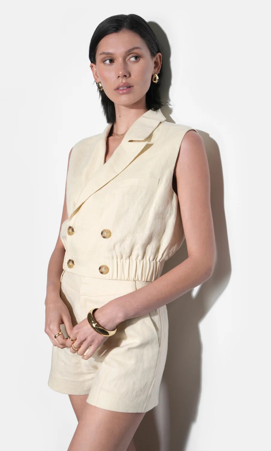 Haisley Linen Lapel Vest/Shorts (Stone)