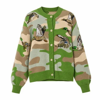 Ducks Flying Button Up Cardigan (Green Camo)