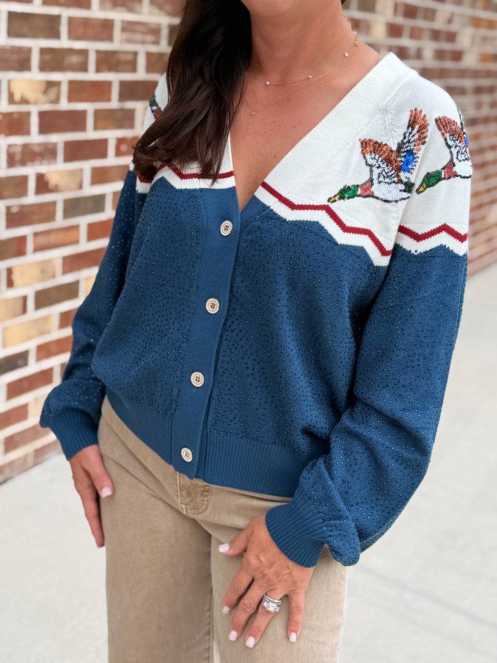 Colorblock Duck Rhinestone Cardigan (Blue &amp; Ivory)
