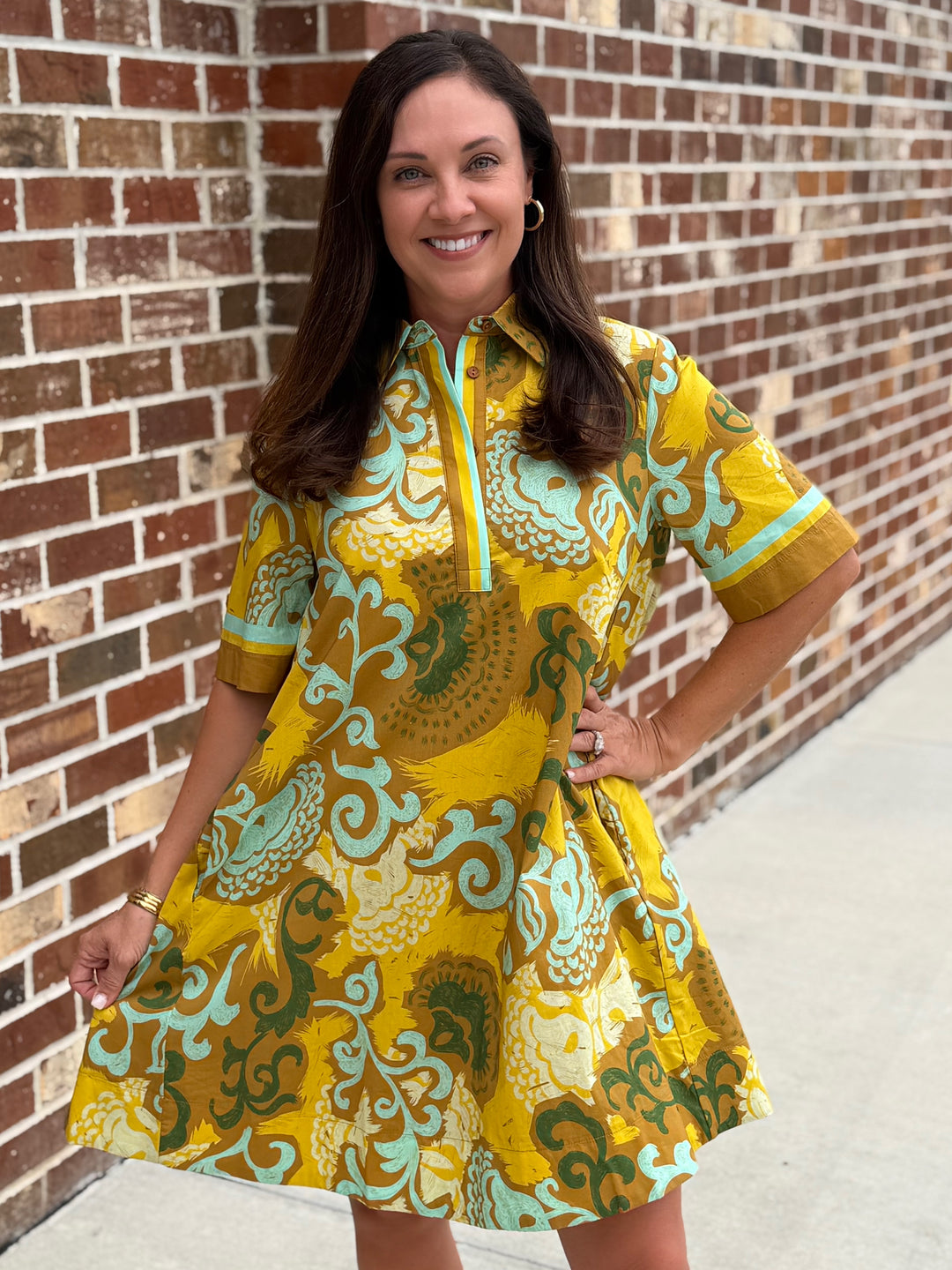 Placket Swing Dress (Saffron Scroll)