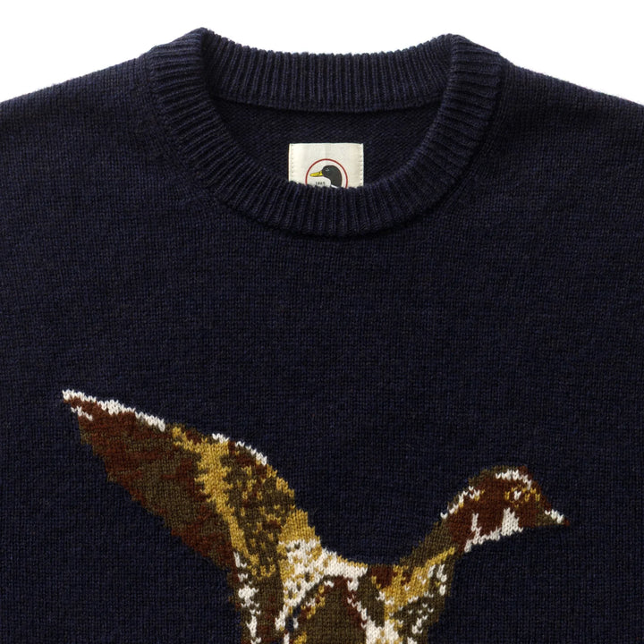 Flying Wood Duck Intarsia Crewneck Sweater  (Deep Navy Heather)