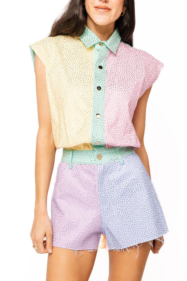 Pastel Colorblock Rhinestone Romper (Multi)