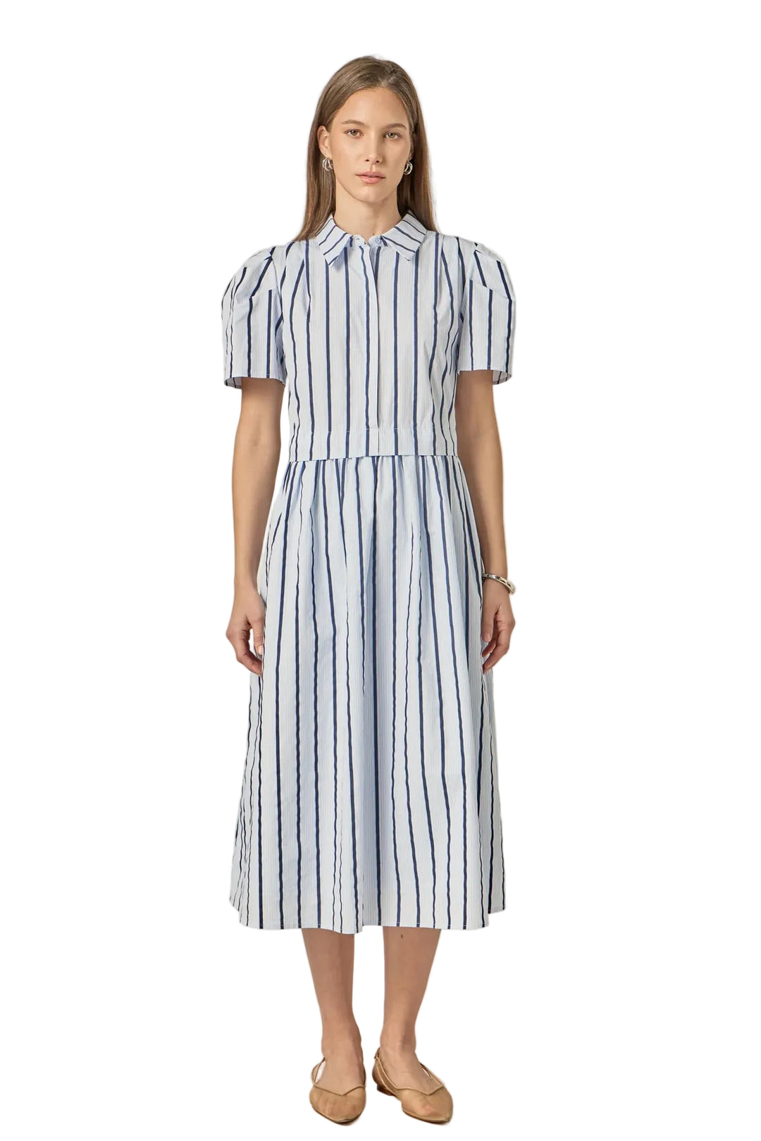 Striped Pleated Shoulder Shirt Midi Dress (Blue Stripe)
