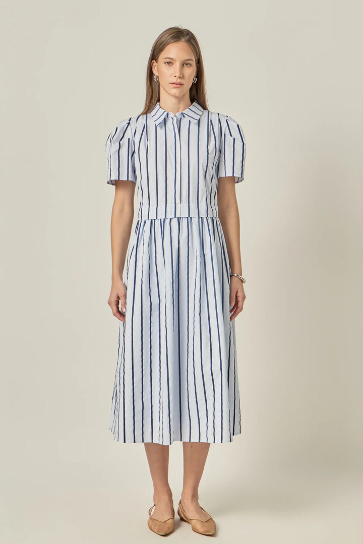 Striped Pleated Shoulder Shirt Midi Dress (Blue Stripe)