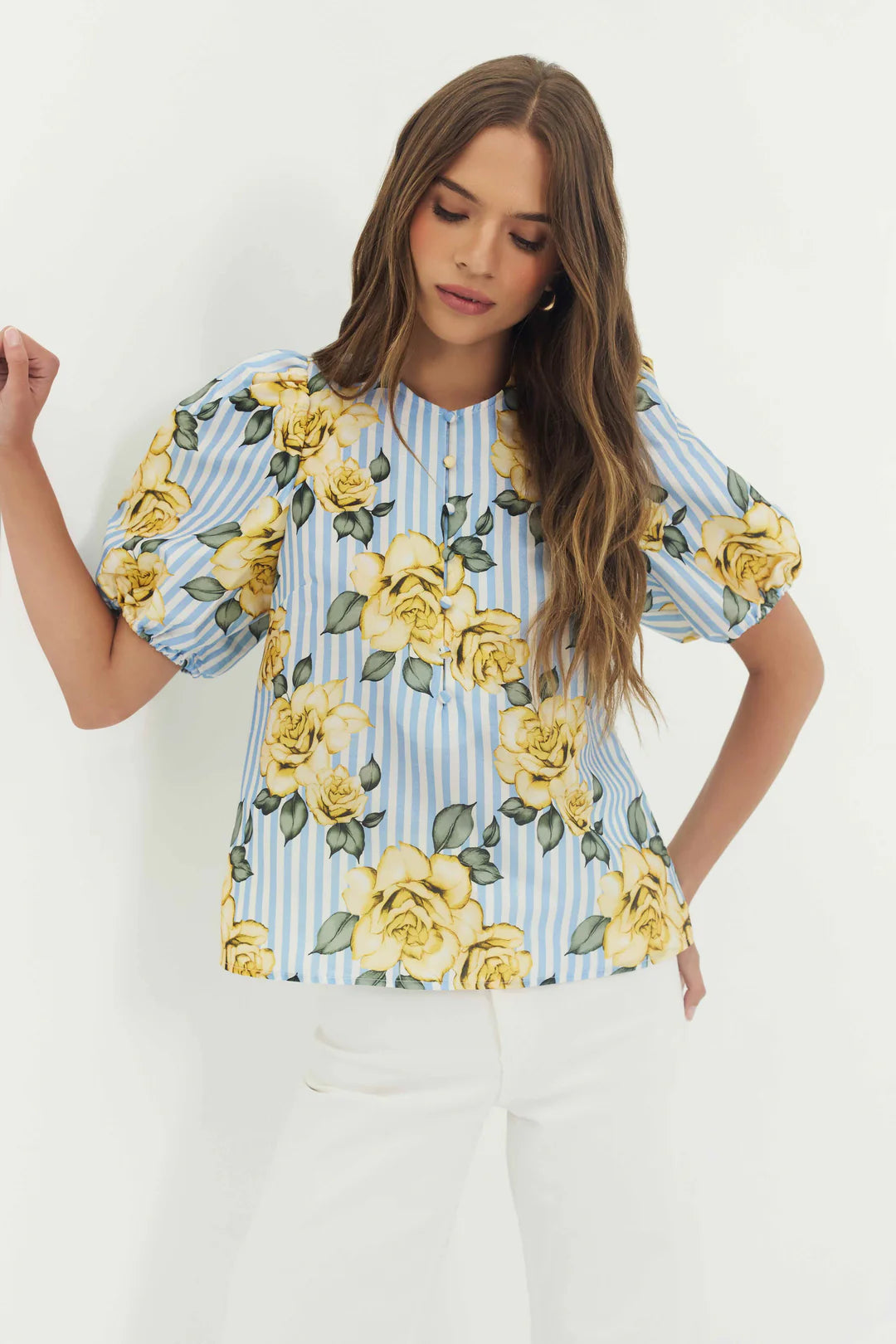Atlas Top (Blue/Yellow Multi Stiped Ground Spacious Rose)