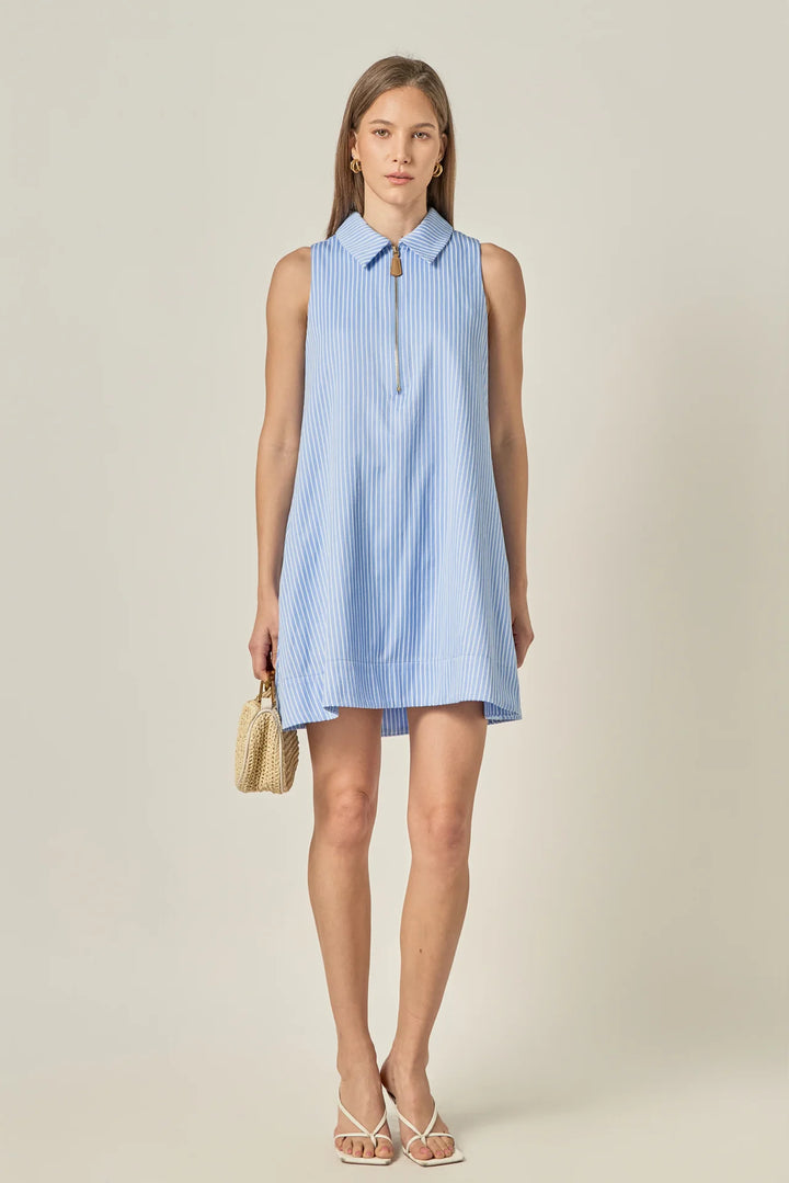 Zip-Front Collared Sleeveless Mini Dress (Powder Blue)