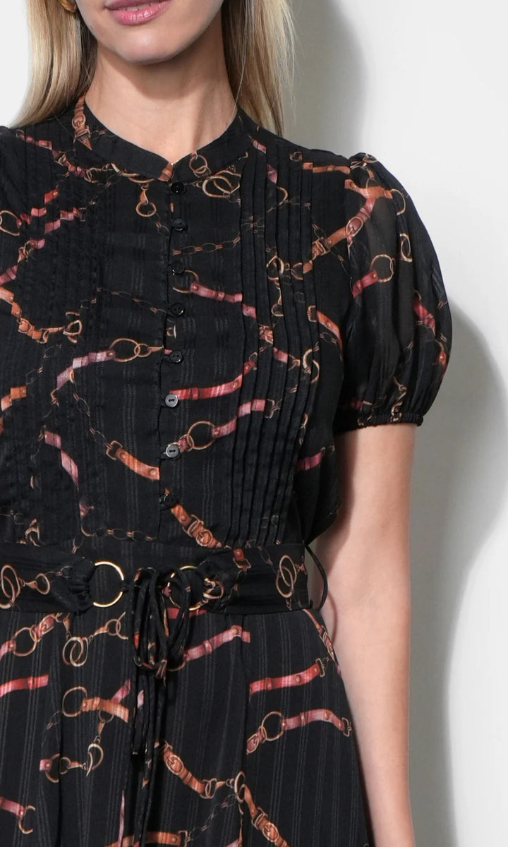 Rosa Button Front Pintuck Midi Dress (Black)