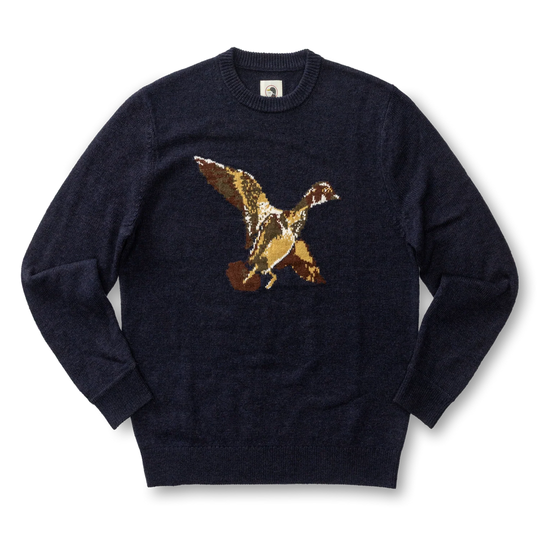 Flying Wood Duck Intarsia Crewneck Sweater  (Deep Navy Heather)