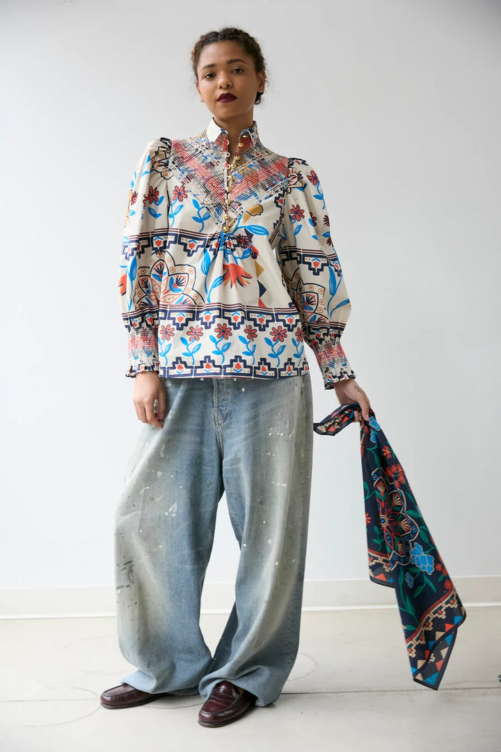 Smocked Shirt (Vanilla Floral Scarf)