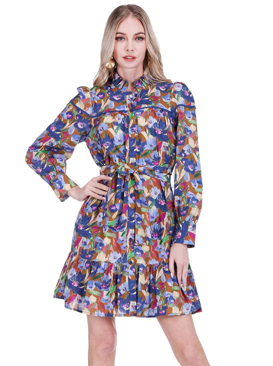 Buttons Flounced Dress (Blue Meadow)