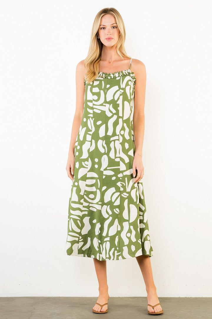 Thin Strap Print Midi Dress (Vert)