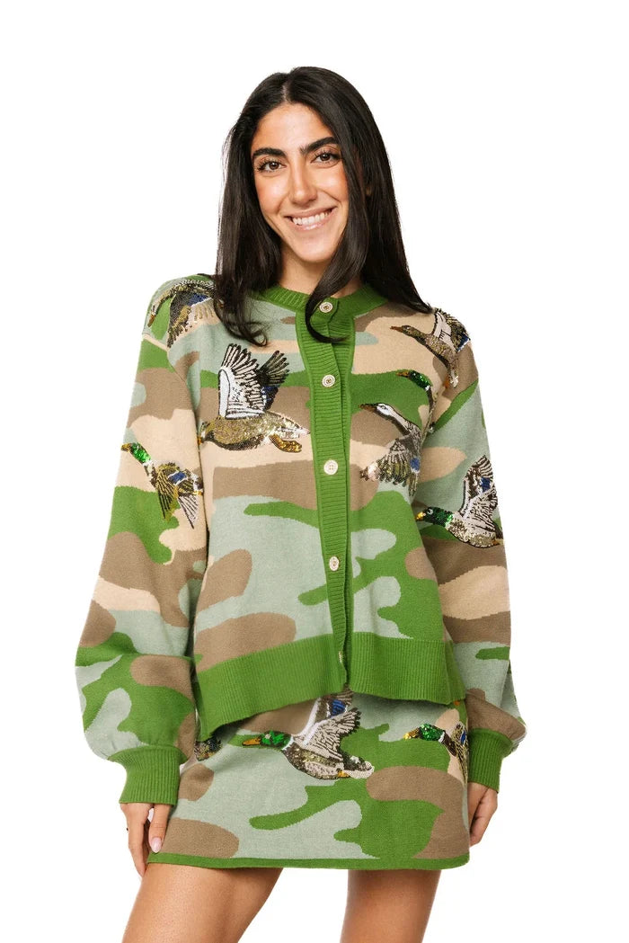 Ducks Flying Button Up Cardigan (Green Camo)