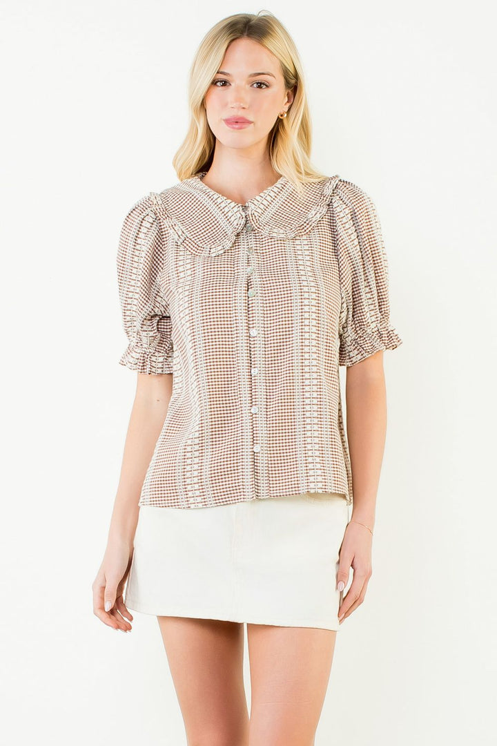 Puff Sleeve Gingham Patterned Top (Brown)